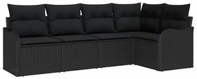 Conjunto de Sofá de Jardim de 5 Peças com Almofadas Preto Rattan Polié