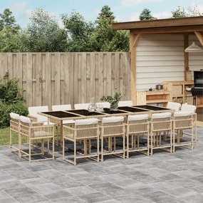 vidaXL 15 pcs conjunto de jantar p/ jardim com almofadões vime PE bege