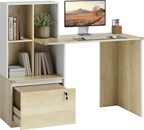 Secretária de computador 126 x 50 x 109 cm com estante de 4 compartimentos e gaveta com fechadura, cor carvalho e branco
