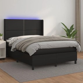 Cama box spring c/ colchão/LED 140x200cm couro artificial preto