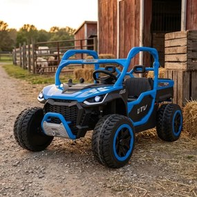 Carro elétrico para Crianças 3 a 7 anos, 2 Lugares Farmer Truck UTV Racing 24V 4x4 Rodas Espuma EVA, assento couro ecológico Azul