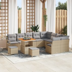 Conjunto de Sofá de Jardim de 12 Peças com Almofadas Bege Rattan Poliéster Acácia