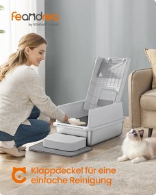 Caixa de areia para gatos em aço inoxidável com tampa e acessórios 60 x 40 x 38 cm cinzento claro