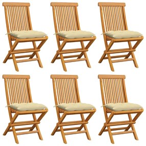 vidaXL Cadeiras de jardim c/ almofadões branco nata 6 pcs teca maciça