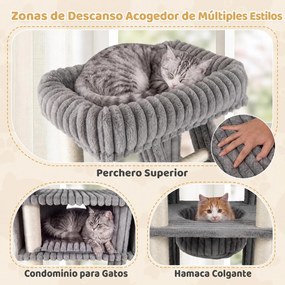 Árvore para Gatos Multinível, 91 x 61 x 180 cm, Base Ampla Antitombamento, Cinzento