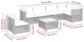 7 pcs conjunto sofás p/ jardim c/ almofadões vime PE cinzento