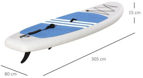 Prancha de surf inflável com remo ajustável Almofada antideslizante e acessórios completos Máx. 120 kg 305x80x15 cm Azul Branco