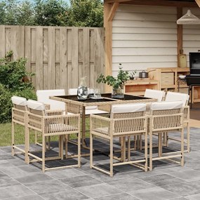vidaXL 9 pcs conjunto de jantar p/ jardim com almofadões vime PE bege