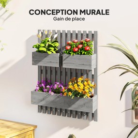 Floreira de parede 60 x 16 x 80 cm para horta com 3 vasos removíveis em madeira maciça, tecido não tecido, cinzento