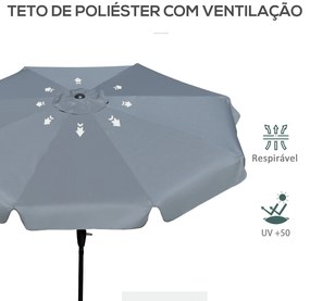 Chapéu de Sol de Jardim Ø266x248,5 cm Proteção UV50+ Chapéu de Sol de Alumínio Inclinável com Teto de Ventilação Cinza Escuro