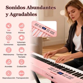 Teclado musical dobrável de 61 teclas, piano eletrónico com fones de ouvido e pedal portátil com bolsa para iniciantes Rosa