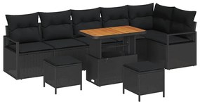 Conjunto de sofá de jardim de 9 peças com almofadas em rattan preto