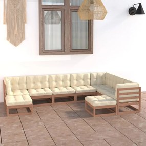 vidaXL 9 pcs conj. lounge ext. c/ almofadões pinho maciço castanho-mel