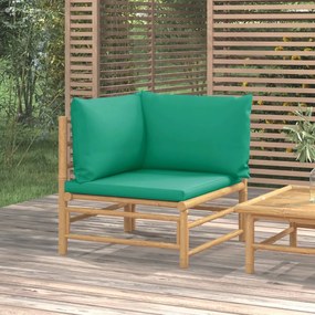 vidaXL Sofá de canto de jardim bambu com almofadões verdes