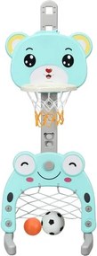 Cesto de basquetebol e futebol em forma de urso Centro de actividades 3 em 1 para crianças 54 x 49 x 133-158 cm Turquesa e cinza