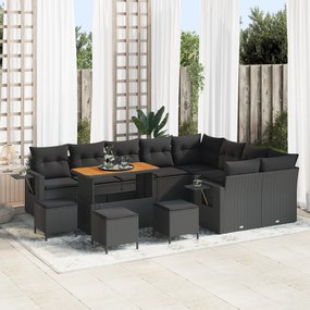 Conjunto de Sofá de Jardim de 13 Peças com Almofadas Preto Rattan Poli