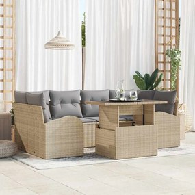 vidaXL Conjunto de Sofá de Jardim de 7 Peças com Almofadas Bege em Polirattan