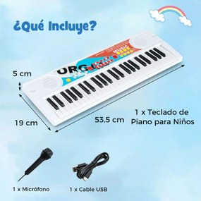 Teclado de piano para crianças elétrico portátil de 49 teclas com 8 ritmos, 8 tons e 10 demonstrações Instrumento musical branco