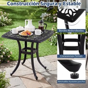 Mesa Jardim em alumínio fundido quadrada 54 x 54 x 53 cm, resistente a todas as condições meteorológicas, com orifício para guarda-sol; resistente à o