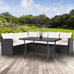 Conjunto de jardim de canto em polyrattan com tampo em WPC preto/creme