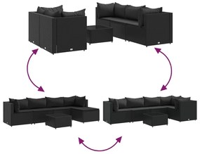 6 pcs conjunto lounge de jardim c/ almofadões vime PE preto