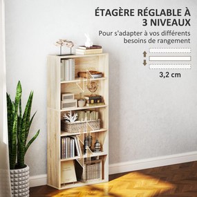 Estante de arrumação 60 x 24 x 133,5 cm com 5 níveis e prateleiras ajustáveis para sala de estar, quarto, escritório, natural