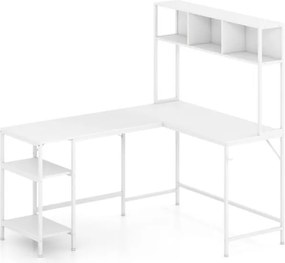 Secretária em forma de L  150 x 120 x 148 cm com compartimento de canto para computador com prateleiras e gancho para auscultadores com estante Branca