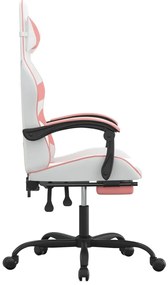 Cadeira gaming giratória c/ apoio pés couro artif. branco/rosa