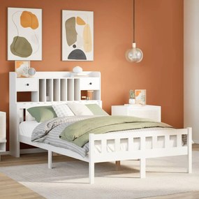 vidaXL Cama com estante sem colchão 135x190 cm pinho maciço branco