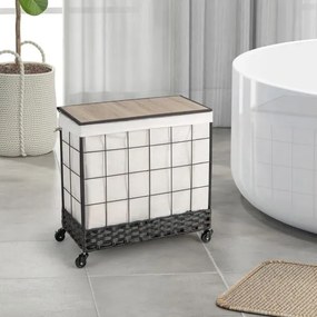 Cesto para roupa suja 130 L  Com Separador em metal com rodas Tampa com fecho Tampa de madeira Saco com forro amovível Dividido Preto
