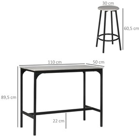 Conjunto de Móveis Altos de Bar com 5 Peças Mesa de Refeição Industrial e 4 Bancos Redondos Cinzento e Preto