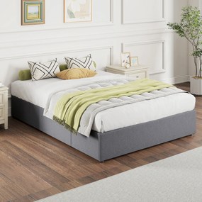 Cama com arrumação 140 x 190 cm (COLCHÃO NÃO INCLUIDO), estrutura de cama de casal estofada com 3 gavetas, base de ripas em LVL, silenciosa, cinzenta