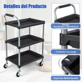 Carrinho de ferramentas de 3 camadas com prateleiras em PP, pega almofadada e rodas giratórias para garagem, oficina 64 x 40 x 102 cm Preto