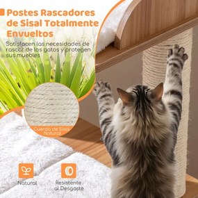 Arranhador para gatos em madeira 81 x 57 x 122 cm com vários níveis, caverna de 2 andares, postes de sisal, 3 plataformas e almofadas laváveis, natura