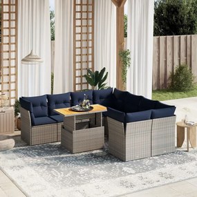 vidaXL 9 pcs conjunto sofás p/ jardim c/ almofadões vime PE cinzento