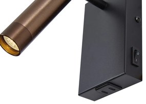 Candeeiro de parede moderno preto com bronze escuro ajustável com USB-C - Croft