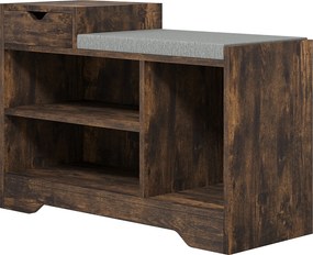 Banco para Calçado com Arrumação, 76,5 x 30 x 52 cm, 1 Gaveta e 3 Compartimentos, Castanho