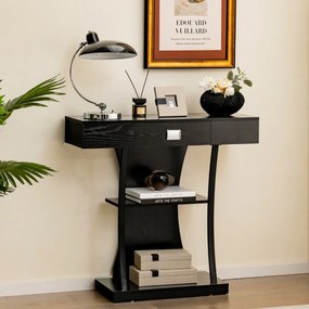 Mesa consola em forma de T com gaveta e Estantes moderna 91 x 30 x 88 cm Preta