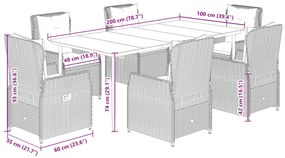7 pcs conjunto de jantar p/ jardim com almofadões vime PE bege