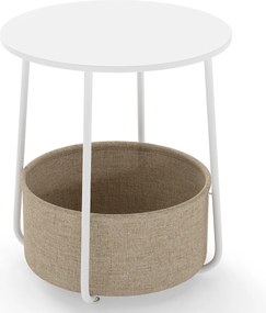 Mesa apoio, Mesa de cabeceira redonda 45 x 45 x 50,5 cm de 2 níveis com cesto de armazenamento em tecido pequena moderna Branca