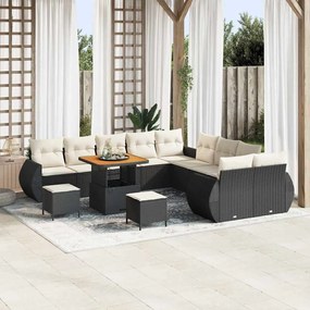 Conjunto de Sofás de Jardim vidaXL 13 Peças com Almofadas em Rattan Preto Acácia
