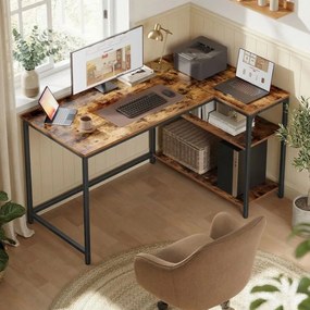 Secretária de canto 120 x 80 cm em forma de L com prateleira ajustável em altura, castanho vintage