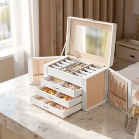 Caixa para joias com 2 gavetas 18,2 x 26 x 17,4 cm, porta-joias portátil, com fechadura Branco
