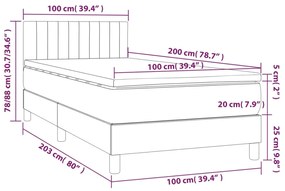 Cama box spring c/ colchão/LED 100x200cm veludo cinzento-escuro