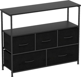 Cômoda para quarto com 5 gavetas 100 × 30 × 80 cm com 2 prateleiras abertas de madeira e estrutura metálica resistente preto