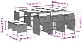 11 pcs conjunto jantar p/ jardim c/ almofadões vime PE cinzento