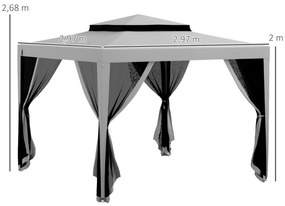 Pérgola de Jardim 297x297x268 cm Pérgola com 4 Redes Mosquiteiras Laterais e 8 Orifícios de Drenagem  Cinza