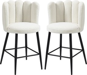 Conjunto de 2 cadeiras altas de bar com apoio para os pés, em aço e tecido com efeito de lã felpuda, altura 65 cm, creme e preto