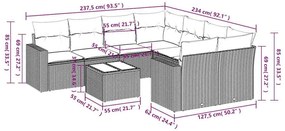 9 pcs conj. sofás jardim com almofadões vime PE cinzento-claro