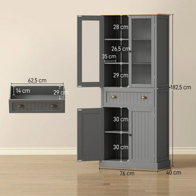 Armário Vitrine de Cozinha, 76 x 40 x 182,5 cm, Prateleiras Reguláveis, Cinzento